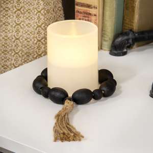 Black Distressed Wood Oval Bead Candle Ring w/Jute Tassel 36128