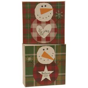 Believe Or Joy Plaid Snowman Box Sign, 2 Asstd.