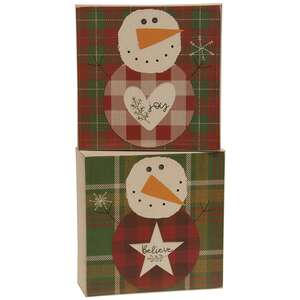 Believe Or Joy Plaid Snowman Box Sign, 2 Asstd. #36177