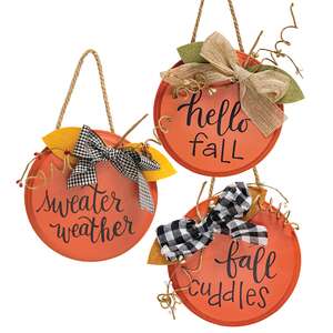 Sweater Weather Round Hanging Sign w/Burlap Bow, 3 Asstd. #36705