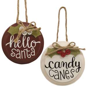 Hello Santa/Candy Canes Button Holly Ornament, 2 Asstd.