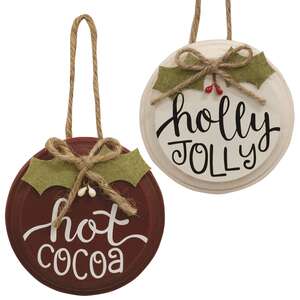 Hot Cocoa/Holly Jolly Button Holly Ornament, 2 Asstd.
