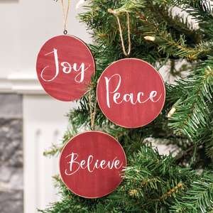 Holiday Script Red Word Round Ornament, 3 Asstd. 91119;