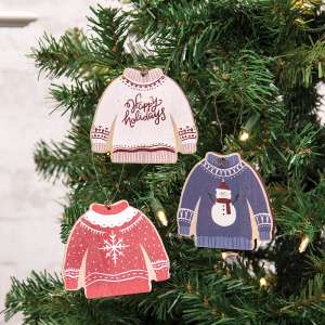 Happy Holidays Wooden Sweater Ornament, 3 Asstd. 36788