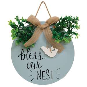 Bless Our Nest Round Sign with Greenery & Burlap Bow #36945