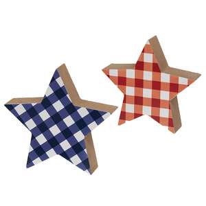 2 Set, Blue & Red Plaid Wooden Stars