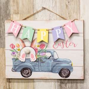 Happy Easter Banner Bunny Truck Hanging Wood Sign 91135