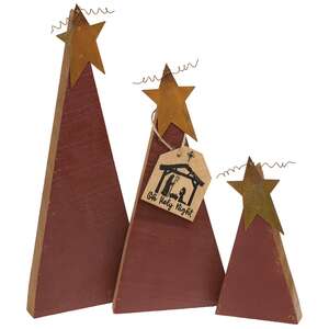 3/Set, Distressed Rustic Wood Red Christmas Trees