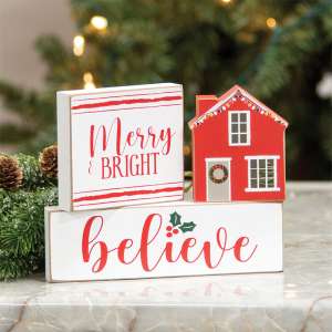 Merry & Bright, Believe, House Wooden Blocks, 3/Set 37160