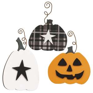 3 Set, Wooden Pumpkin Ornament with Curly Wire Hanger #37273