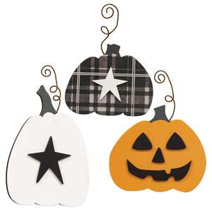 3 Set, Wooden Pumpkin Ornament with Curly Wire Hanger