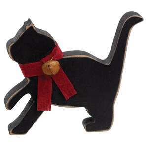 Black Cat Wooden Sitter With Rusty Jingle Bell