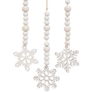 White Beaded Wooden Snowflake Cutout Ornament, 3 Asstd.
