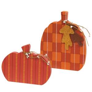 2 Set Autumn Leaves Plaid & Stripes Pumpkin Sitters;
