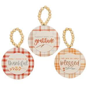Thankful Grateful Gratitude Plaid Beaded Round Ornament, 3 Asstd.