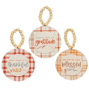 Thankful Grateful Gratitude Plaid Beaded Round Ornament, 3 Asstd. #37416