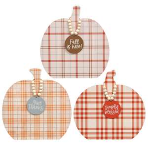 Plaid Fall Sayings Charm Pumpkin Easel, 3 Asstd.