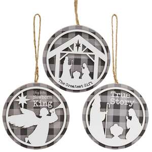 True Story Buffalo Check Round Silhouette Ornament, 3 Asstd.