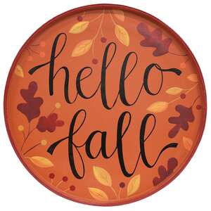 Hello Fall Autumn Leaves Round Wooden Hanging Tray