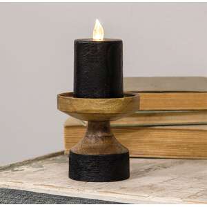 Black & Wood Pillar Candle Holder, 4.25" 15635;