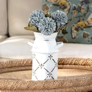 Whitewashed Fleur De Lis Galvanized Milk Can, Small 15686A;