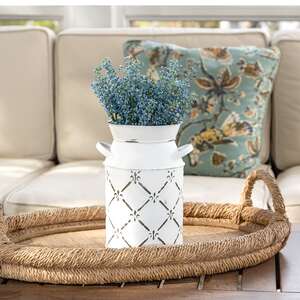 Whitewashed Fleur De Lis Galvanized Milk Can, Large 15686B;