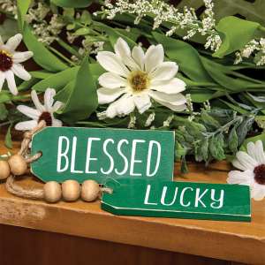 Blessed or Lucky Green Wooden Tag, 2 Asstd. 37079