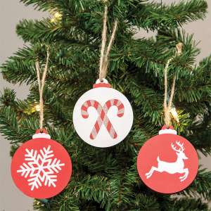 Sparkle Reindeer, Candy Canes, or Snowflake Wooden Bulb Ornament, 3 Asstd. 37153