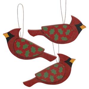 Wooden Holly Cardinal Ornament, 3 Asstd. #37358