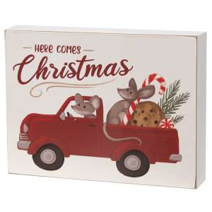 Here Comes Christmas Mice In Truck Box Sign #37466