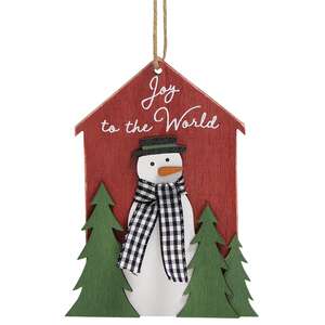 Joy to the World Snowman & Trees Wooden Ornament #37534