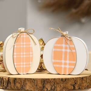 Cream & Orange Plaid Wooden Pumpkin Sitter, 2 Asstd. 37544;