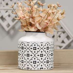Black & White Floral Patterned Metal Vase, Short 70142;