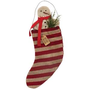 Hanging Striped "Merry Christmas" Stocking with Snowman & Greenery