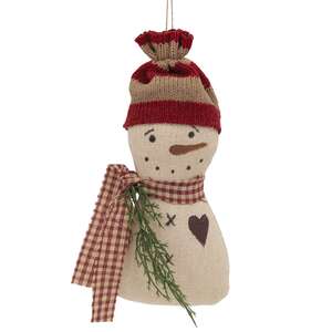 Stuffed Striped Hat Snowman Ornament with Heart & Greenery #CS38879