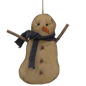 Stiffened Fabric Jingle Bell & Blue Scarf Primitive Snowman Ornament