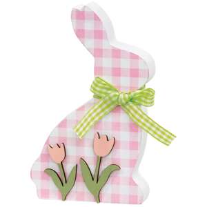 Pink & White Buffalo Check Bunny with Tulips Sitter