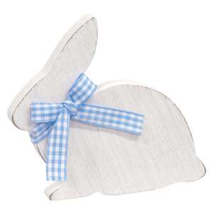 White Wooden Bunny Sitter with Blue & White Buffalo Check Ribbon