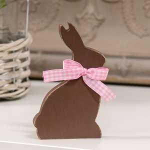 Wooden Chocolate Bunny Sitter w/Pink Check Ribbon 37644