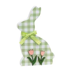 Green & White Buffalo Check Bunny with Tulips Sitter