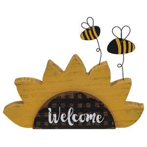 Distressed Wooden "Welcome" Sunflower Sitter with Bees