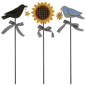 3 Set, Bluebird, Crow & Sunflower Plant Poke
