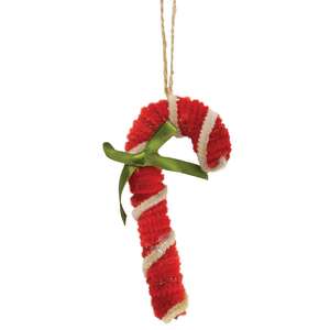 Chenille Candy Cane Ornament with Green Bow