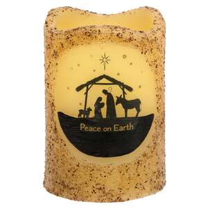 Burnt Ivory Peace on Earth Nativity Timer Pillar, 4"