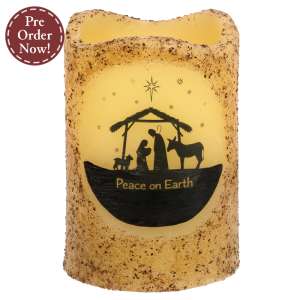 Burnt Ivory Peace on Earth Nativity Timer Pillar, 4" #85129