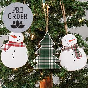 Plaid Christmas Tree & Snowmen Ornaments, 3/Set 37948