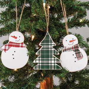 Plaid Christmas Tree & Snowmen Ornaments, 3/Set 37948;