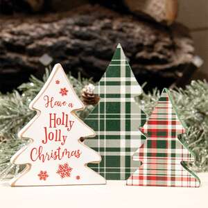Wooden Holly Jolly Plaid Christmas Trees, 3/Set 37951;