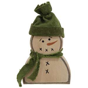 37879 Wooden Primitive Snowman Sitter w/Green Hat and Scarf;