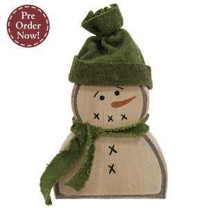 37879 Wooden Primitive Snowman Sitter w/Green Hat and Scarf